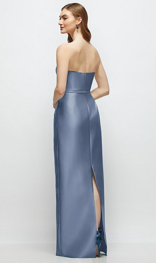 Back View - Larkspur Blue Strapless Satin Column Dress with Bow-Trimmed Skinny Belt