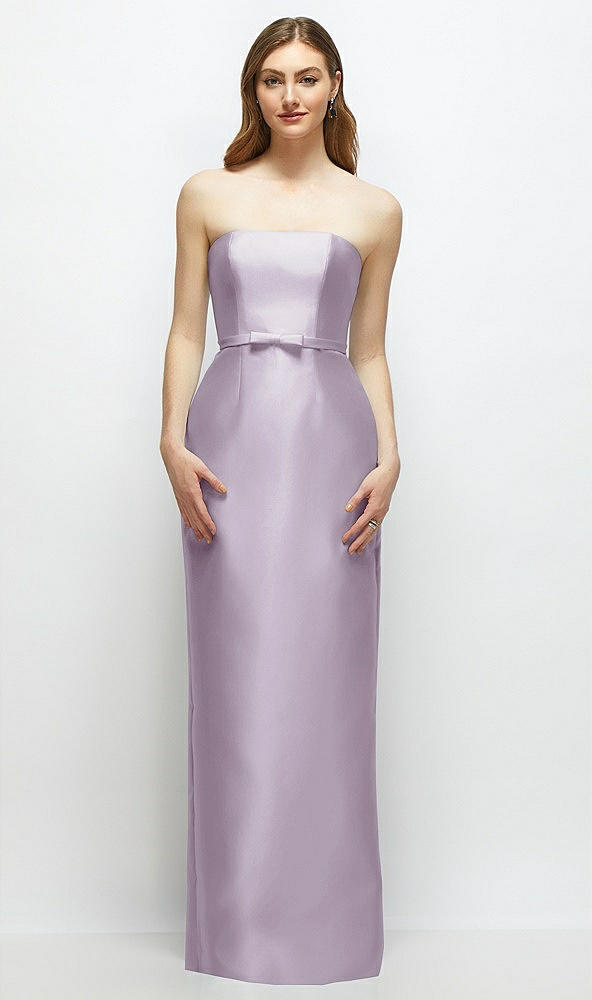 Front View - Lilac Haze Strapless Satin Column Dress with Bow-Trimmed Skinny Belt