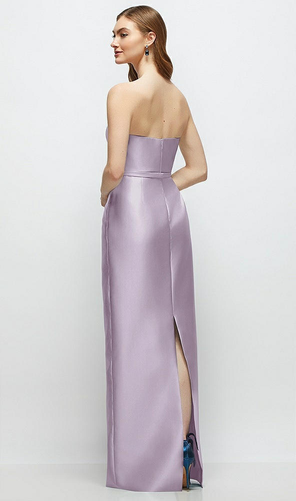 Back View - Lilac Haze Strapless Satin Column Dress with Bow-Trimmed Skinny Belt