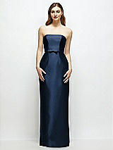 Front View Thumbnail - Midnight Navy Strapless Satin Column Dress with Bow-Trimmed Skinny Belt