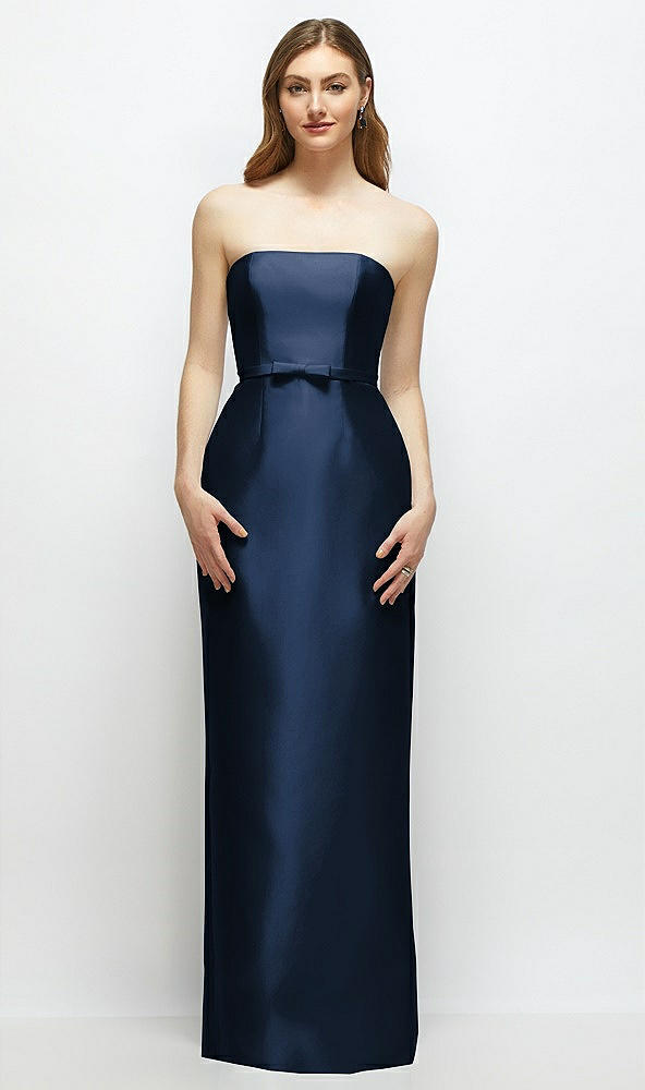 Front View - Midnight Navy Strapless Satin Column Dress with Bow-Trimmed Skinny Belt