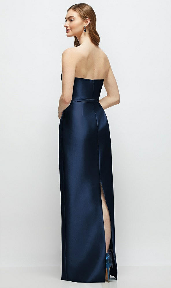 Back View - Midnight Navy Strapless Satin Column Dress with Bow-Trimmed Skinny Belt