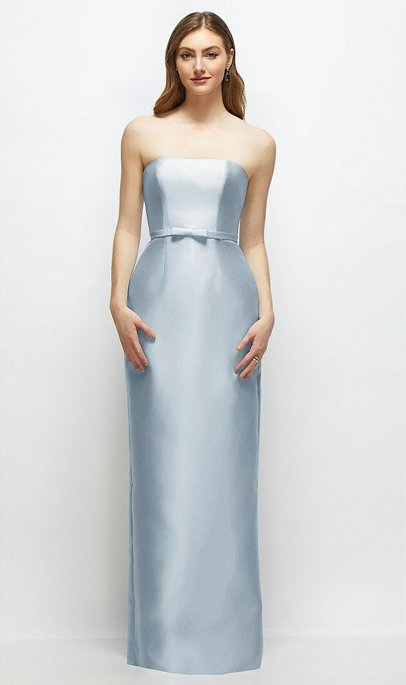 Front View - Mist Strapless Satin Column Dress with Bow-Trimmed Skinny Belt