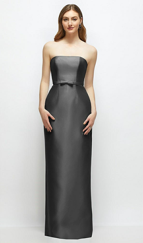 Front View - Pewter Strapless Satin Column Dress with Bow-Trimmed Skinny Belt