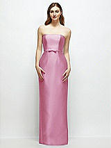 Front View Thumbnail - Powder Pink Strapless Satin Column Dress with Bow-Trimmed Skinny Belt