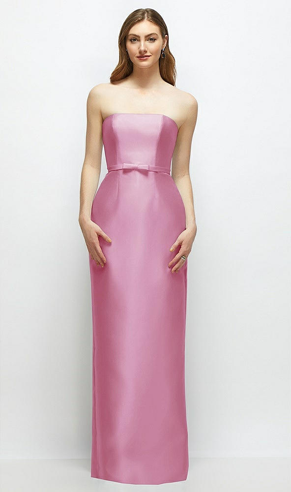 Front View - Powder Pink Strapless Satin Column Dress with Bow-Trimmed Skinny Belt