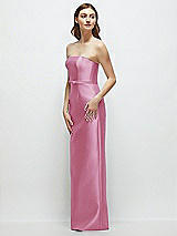 Side View Thumbnail - Powder Pink Strapless Satin Column Dress with Bow-Trimmed Skinny Belt