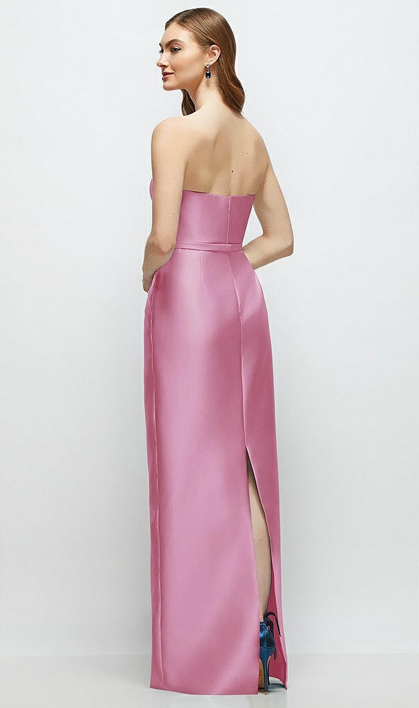 Back View - Powder Pink Strapless Satin Column Dress with Bow-Trimmed Skinny Belt