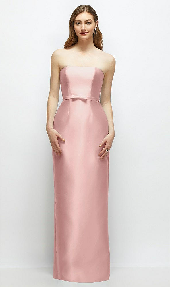 Front View - Rose Strapless Satin Column Dress with Bow-Trimmed Skinny Belt