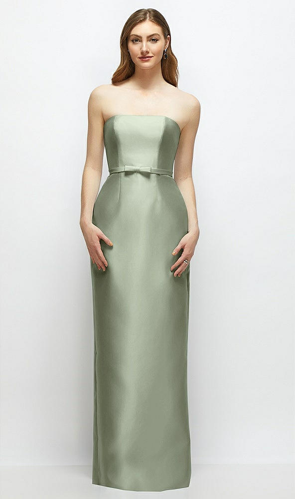 Front View - Sage Strapless Satin Column Dress with Bow-Trimmed Skinny Belt