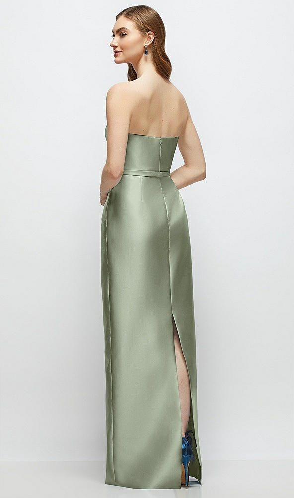 Back View - Sage Strapless Satin Column Dress with Bow-Trimmed Skinny Belt