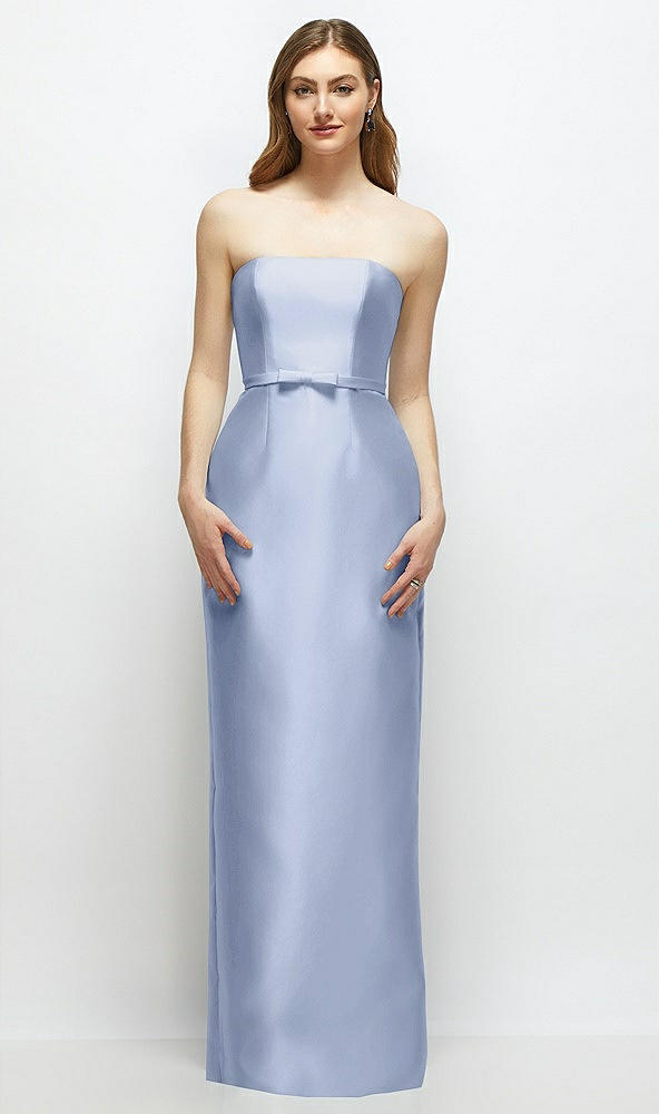 Front View - Sky Blue Strapless Satin Column Dress with Bow-Trimmed Skinny Belt