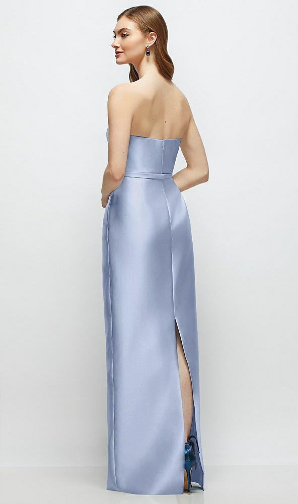 Back View - Sky Blue Strapless Satin Column Dress with Bow-Trimmed Skinny Belt