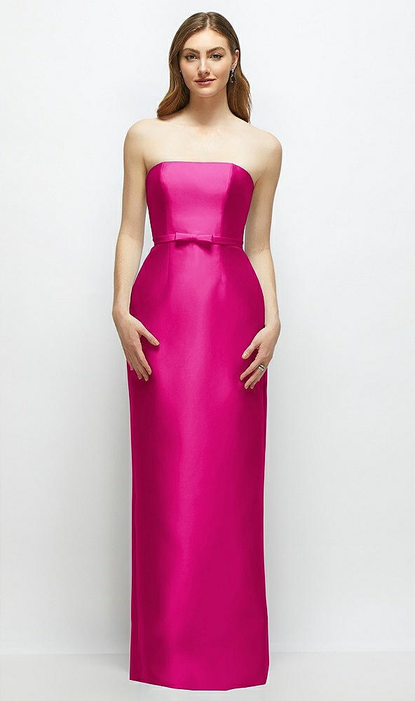 Front View - Think Pink Strapless Satin Column Dress with Bow-Trimmed Skinny Belt