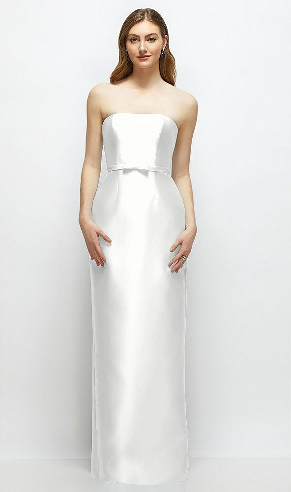 Front View - White Strapless Satin Column Dress with Bow-Trimmed Skinny Belt