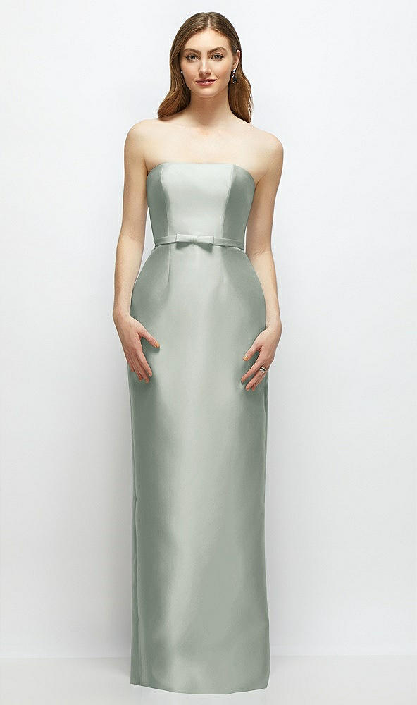 Front View - Willow Green Strapless Satin Column Dress with Bow-Trimmed Skinny Belt