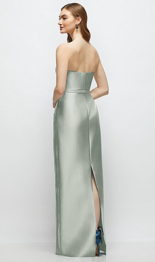 Back View - Willow Green Strapless Satin Column Dress with Bow-Trimmed Skinny Belt