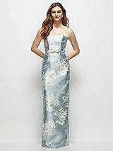 Front View Thumbnail - Porcelain Blue Seraphina Floral Floral Strapless Satin Column Dress with Bow-Trimmed Skinny Belt