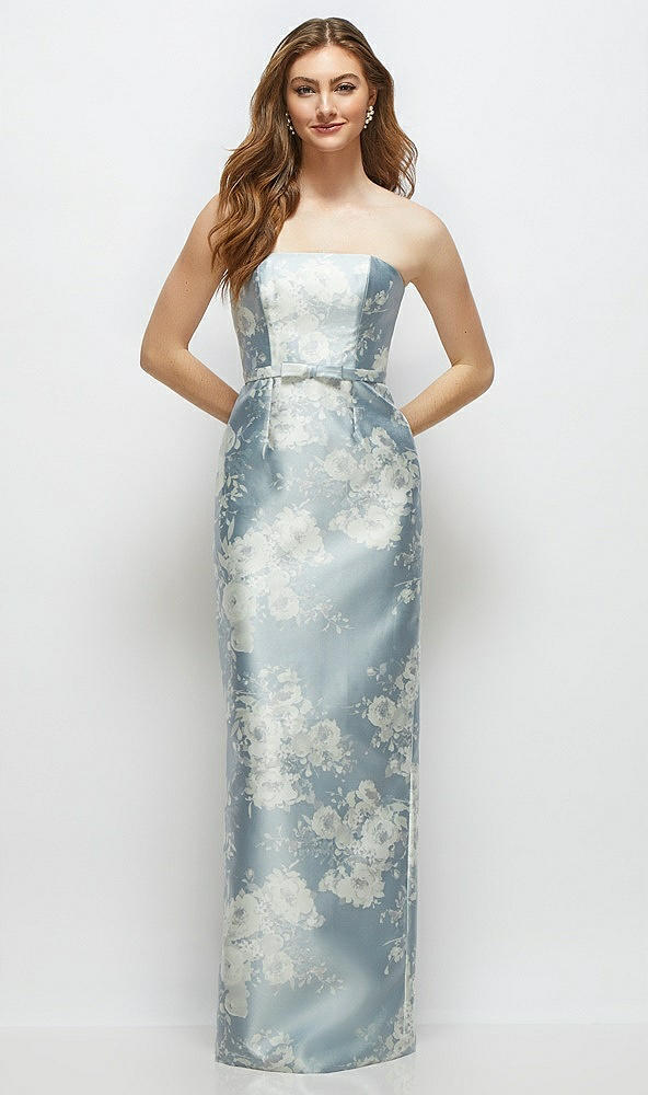 Front View - Porcelain Blue Seraphina Floral Floral Strapless Satin Column Dress with Bow-Trimmed Skinny Belt