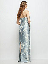 Rear View Thumbnail - Porcelain Blue Seraphina Floral Floral Strapless Satin Column Dress with Bow-Trimmed Skinny Belt