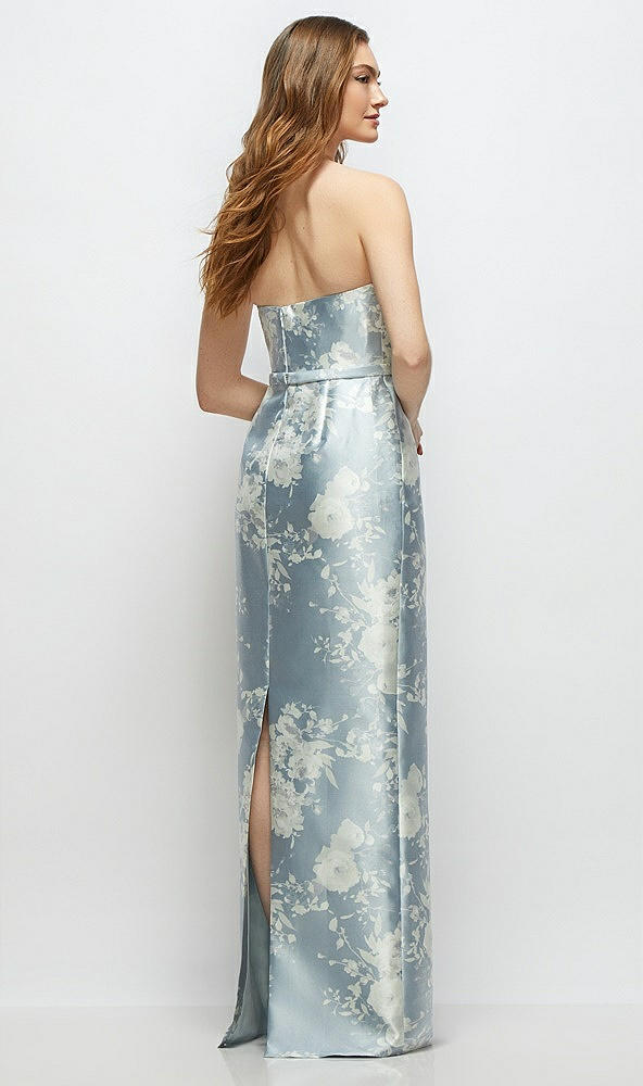 Back View - Porcelain Blue Seraphina Floral Floral Strapless Satin Column Dress with Bow-Trimmed Skinny Belt