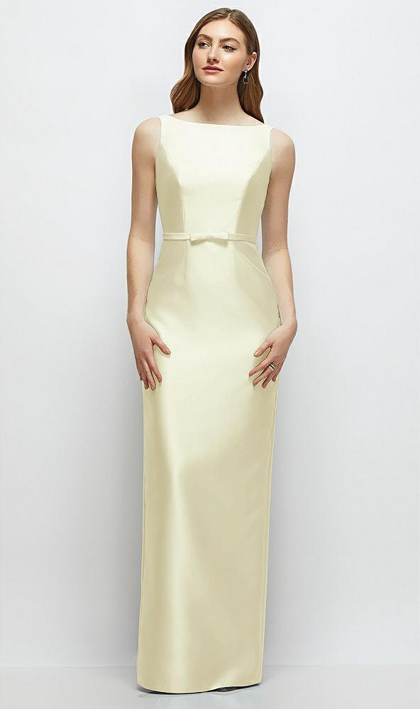 Front View - Butter Yellow Bateau Neck Satin Column Dress with Bow-Trimmed Skinny Belt