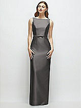 Front View Thumbnail - Caviar Gray Bateau Neck Satin Column Dress with Bow-Trimmed Skinny Belt