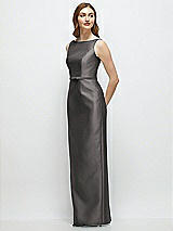 Side View Thumbnail - Caviar Gray Bateau Neck Satin Column Dress with Bow-Trimmed Skinny Belt