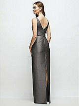 Rear View Thumbnail - Caviar Gray Bateau Neck Satin Column Dress with Bow-Trimmed Skinny Belt