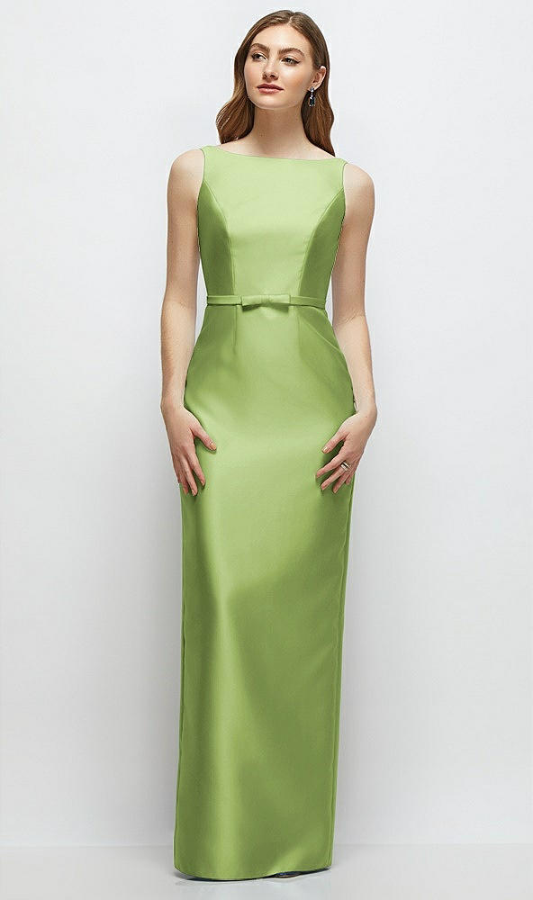 Front View - Mojito Bateau Neck Satin Column Dress with Bow-Trimmed Skinny Belt