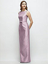 Side View Thumbnail - Suede Rose Bateau Neck Satin Column Dress with Bow-Trimmed Skinny Belt