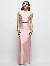 Front View Thumbnail - Ballet Pink Bateau Neck Satin Column Dress with Bow-Trimmed Skinny Belt