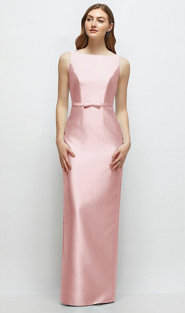 Front View - Ballet Pink Bateau Neck Satin Column Dress with Bow-Trimmed Skinny Belt