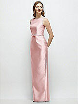 Side View Thumbnail - Ballet Pink Bateau Neck Satin Column Dress with Bow-Trimmed Skinny Belt