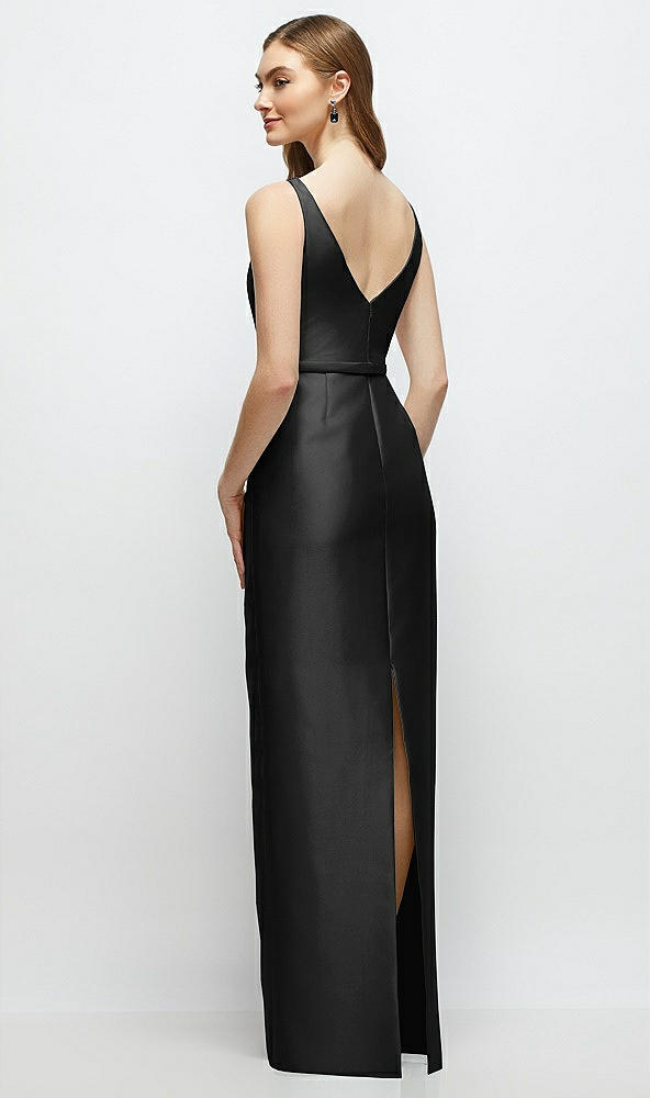 Back View - Black Bateau Neck Satin Column Dress with Bow-Trimmed Skinny Belt