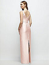 Rear View Thumbnail - Blush Bateau Neck Satin Column Dress with Bow-Trimmed Skinny Belt