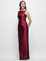 Side View Thumbnail - Burgundy Bateau Neck Satin Column Dress with Bow-Trimmed Skinny Belt