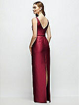 Rear View Thumbnail - Burgundy Bateau Neck Satin Column Dress with Bow-Trimmed Skinny Belt