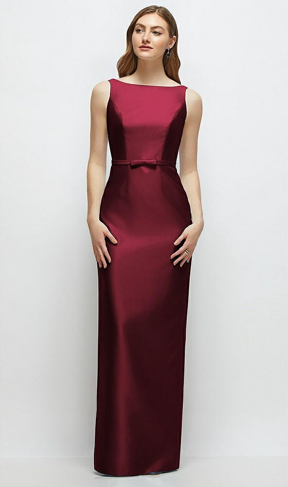 Front View - Cabernet Bateau Neck Satin Column Dress with Bow-Trimmed Skinny Belt