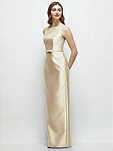 Side View Thumbnail - Champagne Bateau Neck Satin Column Dress with Bow-Trimmed Skinny Belt