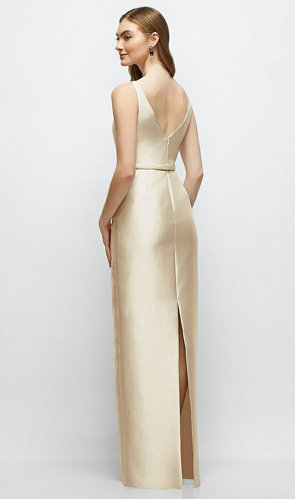 Back View - Champagne Bateau Neck Satin Column Dress with Bow-Trimmed Skinny Belt