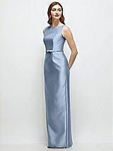 Side View Thumbnail - Cloudy Bateau Neck Satin Column Dress with Bow-Trimmed Skinny Belt