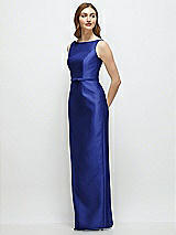 Side View Thumbnail - Cobalt Blue Bateau Neck Satin Column Dress with Bow-Trimmed Skinny Belt