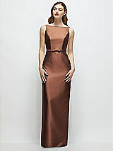 Front View Thumbnail - Cognac Bateau Neck Satin Column Dress with Bow-Trimmed Skinny Belt