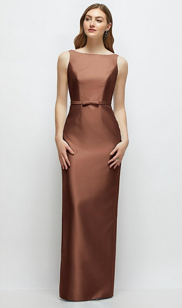 Front View - Cognac Bateau Neck Satin Column Dress with Bow-Trimmed Skinny Belt