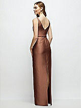 Rear View Thumbnail - Cognac Bateau Neck Satin Column Dress with Bow-Trimmed Skinny Belt