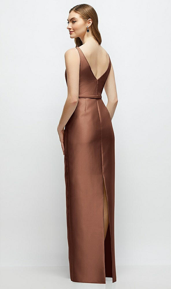 Back View - Cognac Bateau Neck Satin Column Dress with Bow-Trimmed Skinny Belt