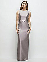 Front View Thumbnail - Cashmere Gray Bateau Neck Satin Column Dress with Bow-Trimmed Skinny Belt