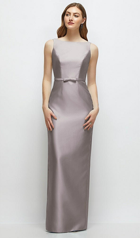 Front View - Cashmere Gray Bateau Neck Satin Column Dress with Bow-Trimmed Skinny Belt