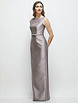 Side View Thumbnail - Cashmere Gray Bateau Neck Satin Column Dress with Bow-Trimmed Skinny Belt